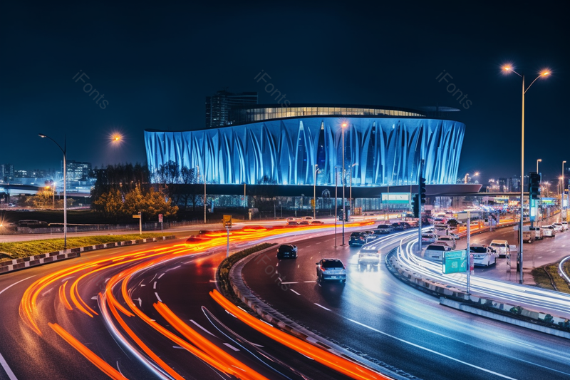 夜晚的城市都市现代化房屋建筑马路道路高速公路上行驶的汽车路灯亮着发光的建筑图像摄影,高清,摄影图,摄影图片,图片大全,摄影图免费下载